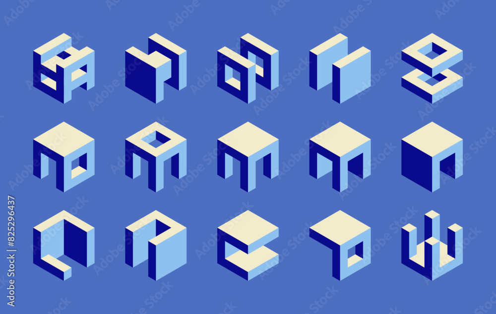 Poster set of isometric cubes. 3d vector geometric shapes. collection of isolated modern architectural elem