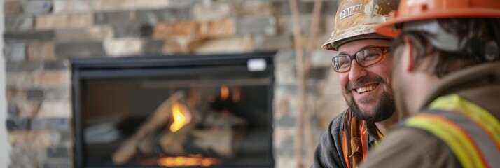 Two men, one in worker attire, chatting by fireplace. Worker smiling, client listening attentively