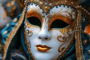Closeup of an ornate venetian mask featuring gold trim and intricate designs, embodying the spirit of the carnival