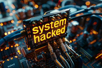System hacked sign on a screen, cybersecurity hack concept