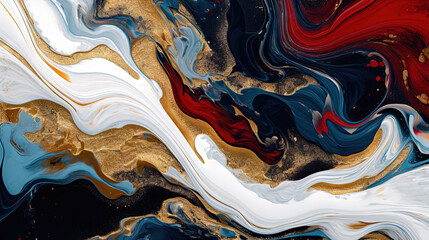 Abstract artistic background with blue and red marble with golden paint stains.