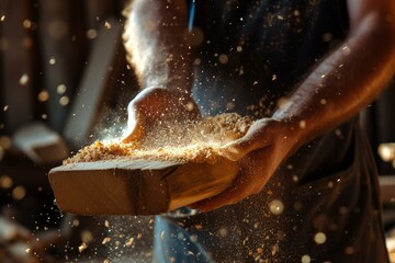 Closeup of artisan's hands clearing sawdust from wood in workshop