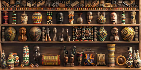 African Tribal Inspired Desk: An artfully crafted wooden desk adorned with traditional African sculptures, textiles, and beads, showcasing the vibrant and diverse cultural heritage of various African