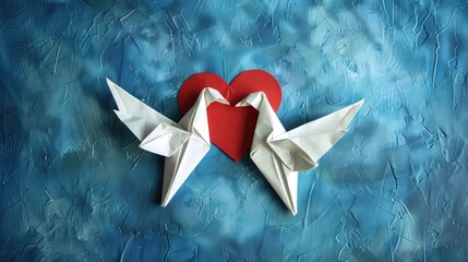 Love and compassion conveyed through two white dove origami bearing heart shape on blue backdrop