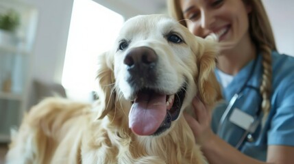 Female Veterinarian Petting a Noble Golden Retriever Dog.