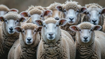 Obraz premium Flock of sheep staring in the same direction.