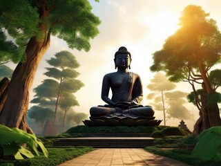 Buddha statue with temple background and Bokeh nature, Vesak day celebration - Generative Ai