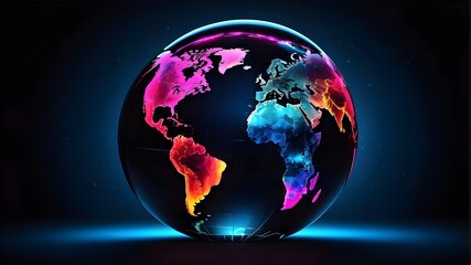 neon planet earth globe isolated on black background