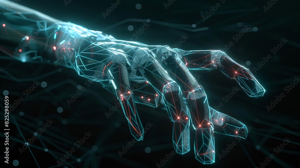 Poster futuristic holographic hand interface with neural network connections ai technology concept 3d rende