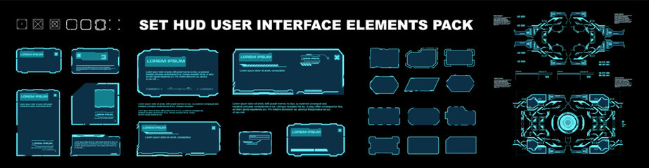 Obraz premium Big set of frames and complex elements for the interface. User interface windows and frames. Modern dialog boxes and HUD interface elements. Vector set templates with frames