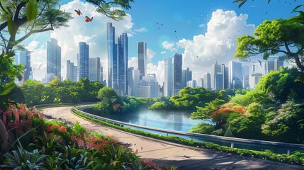 futuristic highway leading to modern city skyline lush garden and lake in foreground digital painting