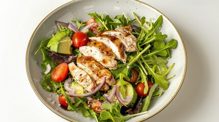 A bright and colorful salad with mixed greens, sliced avocado, cherry tomatoes, and meatballs tossed in dressing, beautifully presented on an elegant plate against a clean white backdrop.