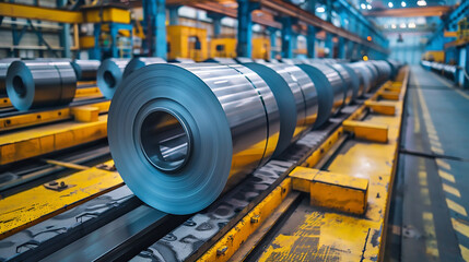A large number of steel coils are on a conveyor belt in a factory. Scene is industrial and mechanical