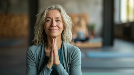 Fototapeta premium Smiling Mature woman meditating posing at a gym, pilates or yoga studio. 
