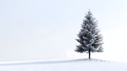 Obraz premium Lone Snow-Covered Pine Tree in Winter Landscape, A solitary pine tree dusted with snow stands tall against a vast, snowy landscape and a pale sky