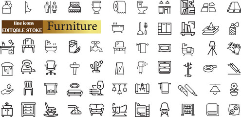 Furniture line icons set. Furniture outline icons with editable stroke collection