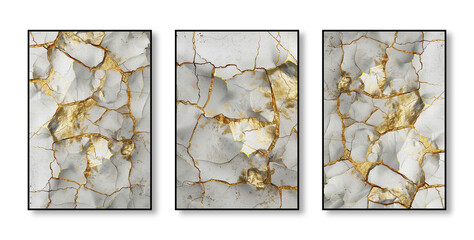 Abstract art watercolor painting, stylish modern wall art, triptych, flowers, texture, gold