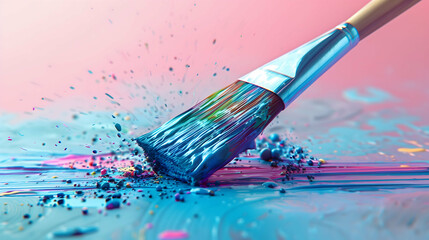 Vibrant Paintbrush Creating Colorful Splash on Canvas, A close-up of a paintbrush creating a dynamic splash of blue, pink, and purple paint on a canvas