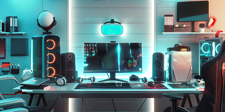 Tech desk modern surrounded by cutting edge products brand new.