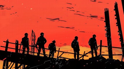 Construction Silhouettes at Sunset: Workers on Steel Beams with Cranes in Background Vector Style AI Generated