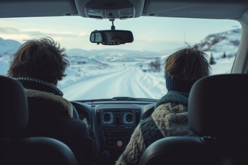 Two people seen from behind driving on a winter road surrounded by snowcovered hills during a road trip - Powered by Adobe