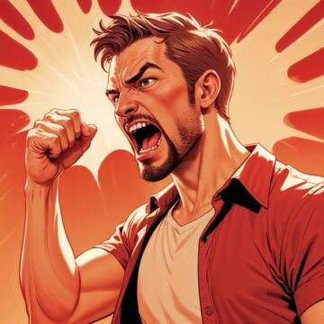 angry man screaming, mostly red colors