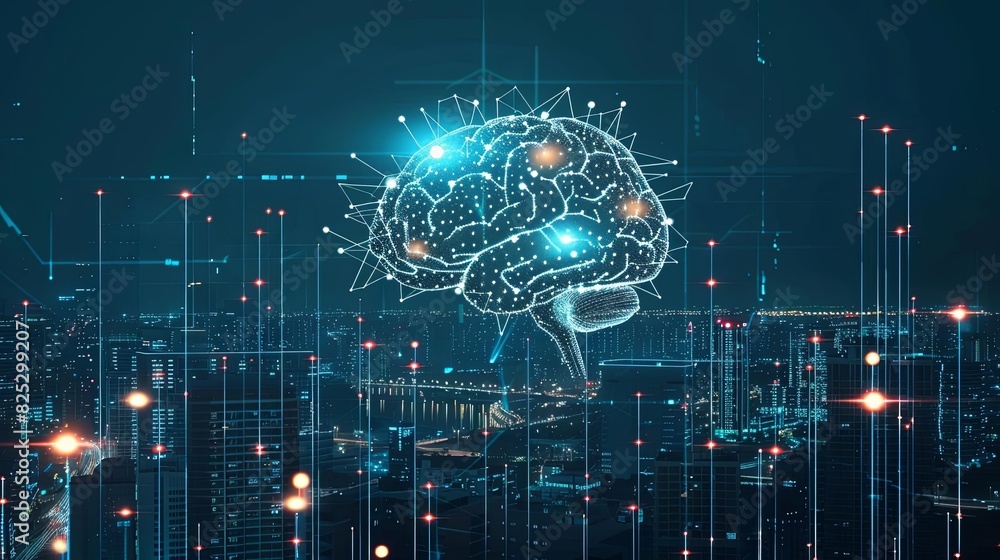 Poster futuristic neural network in smart city ai machine learning concept