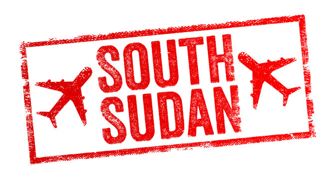 South Sudan a landlocked republic in NE Africa, in the Sahel region, text emblem stamp with airplane