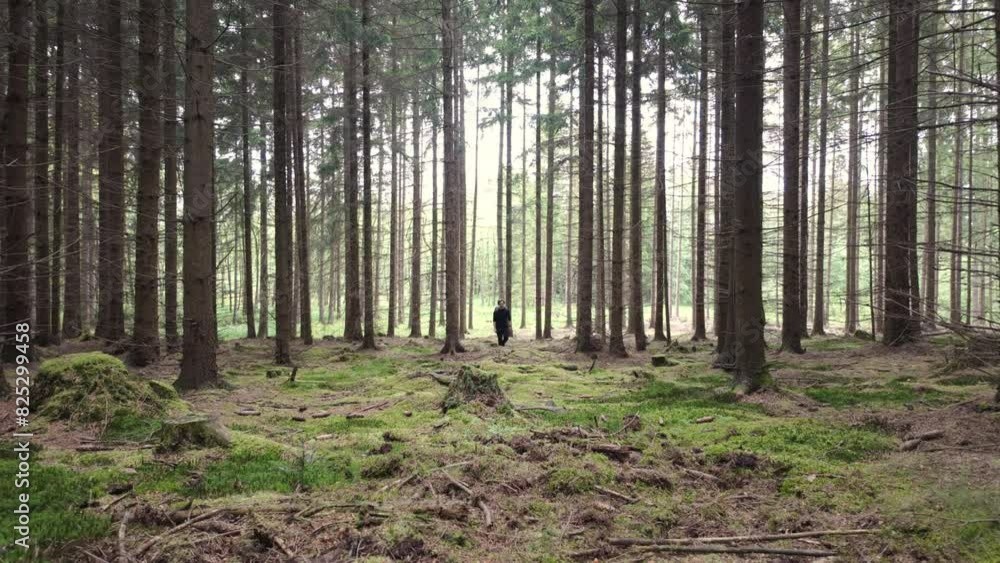 Poster man with a backpack walks through a spring forest. he traveled alone thinking and looking for mushro