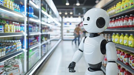 futuristic robot shopping assistant in modern supermarket aisle 3d rendering