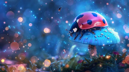 Ladybug on a mushroom in a magical forest for fantasy themed designs