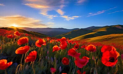 Obraz premium Super bloom blooming spectacularly in northern a riot of colors contrasted against the verda, Ai Generated