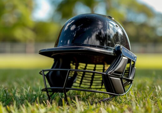 A cricket batting helmet with a protective grill on a cricket field.