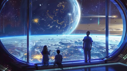 Fototapeta premium futuristic space tourism tourists enjoying earth view from spacecraft orbit digital painting