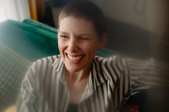intimate closeup woman laughing