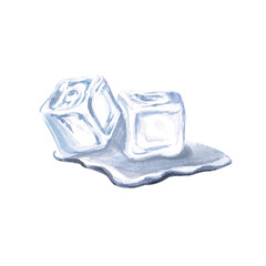 Ice cubes in a puddle of water in watercolor illustration. Hand drawn ice for illustration of cold drinks, food, chilled cocktails, bar menu.