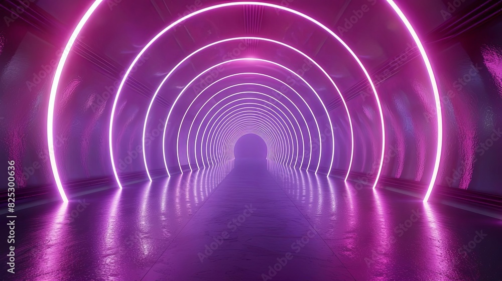 Poster futuristic tunnel of glowing arcs on abstract background 3d render