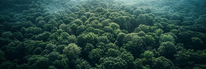 A view from above of a dense forest with sunlight filtering through the canopy of trees - Powered by Adobe