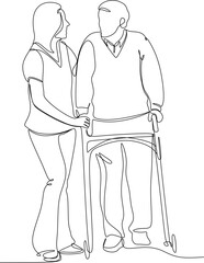 Linear drawing of a sick person. Caring for a sick person