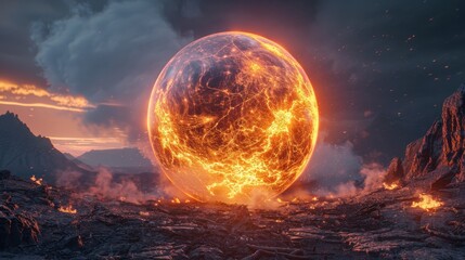 Lava sphere explosion on a dark planet for sci-fi and fantasy designs