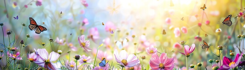 Vibrant spring meadow in full bloom with colorful flowers and butterflies, bathed in warm sunlight, creating a magical and serene atmosphere.