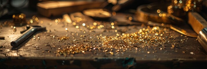 A wooden table is covered in numerous gold flakes, creating a shimmering and luxurious surface with hints of craftsmanship