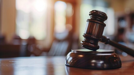 gavel on judges desk in courtroom symbol of justice and legal system closeup