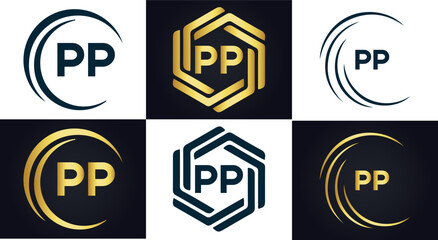 PP logo. P P design. White PP letter. PP, P P letter logo design. P P letter logo design in FIVE, FOUR, THREE, style. letter logo set in one artboard. P P letter logo vector design.