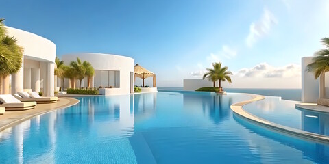 Fototapeta premium Private Swimming Pool with panoramic sea view at luxury villa, sun loungers, clear water.