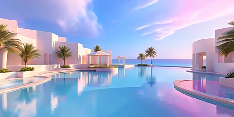 Private Swimming Pool with panoramic sea view at luxury villa, sun loungers, clear water.