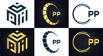 PP logo. P P design. White PP letter. PP, P P letter logo design. P P letter logo design in FIVE, FOUR, THREE, style. letter logo set in one artboard. P P letter logo vector design.