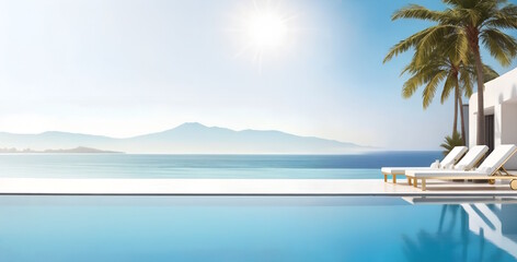 Private Swimming Pool with panoramic sea view at luxury villa, sun loungers, clear water.