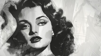 glamorous vintage hollywood actress in timeless black and white portrait digital painting