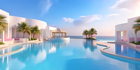 Fototapeta premium Private Swimming Pool with panoramic sea view at luxury villa, sun loungers, clear water.